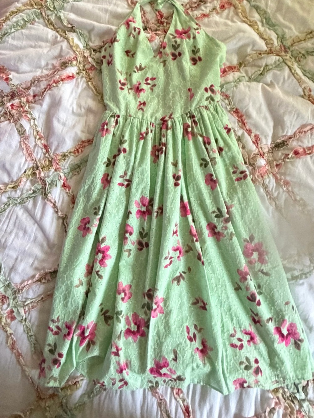 Halter Floral cotton eyelet wedding guest Tea Dress in Mint Green - Picture 2 of 8